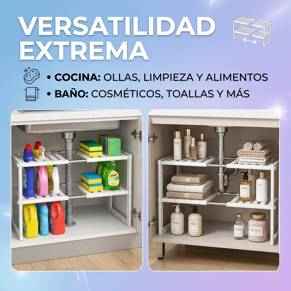 Organizador Extensible de Doble Nivel en Acero Inoxidable