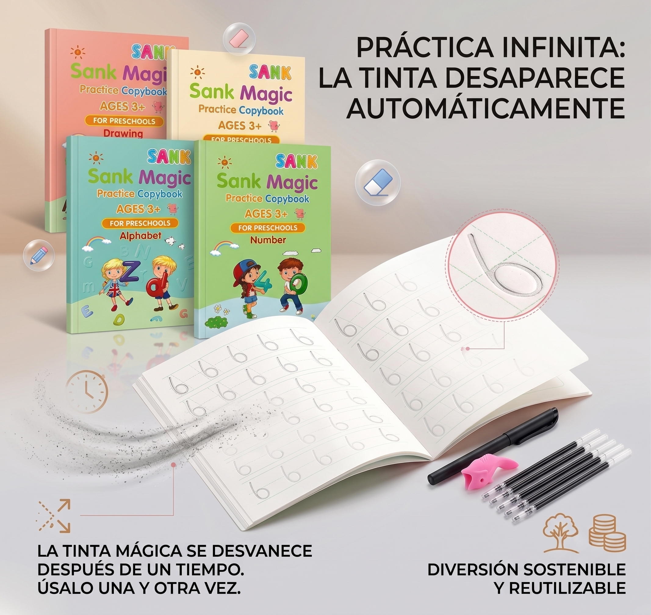 Set  Cuaderno Mágico de Caligrafía 3D Montessori: Aprender, Trazar y Reutilizar Infinitamente