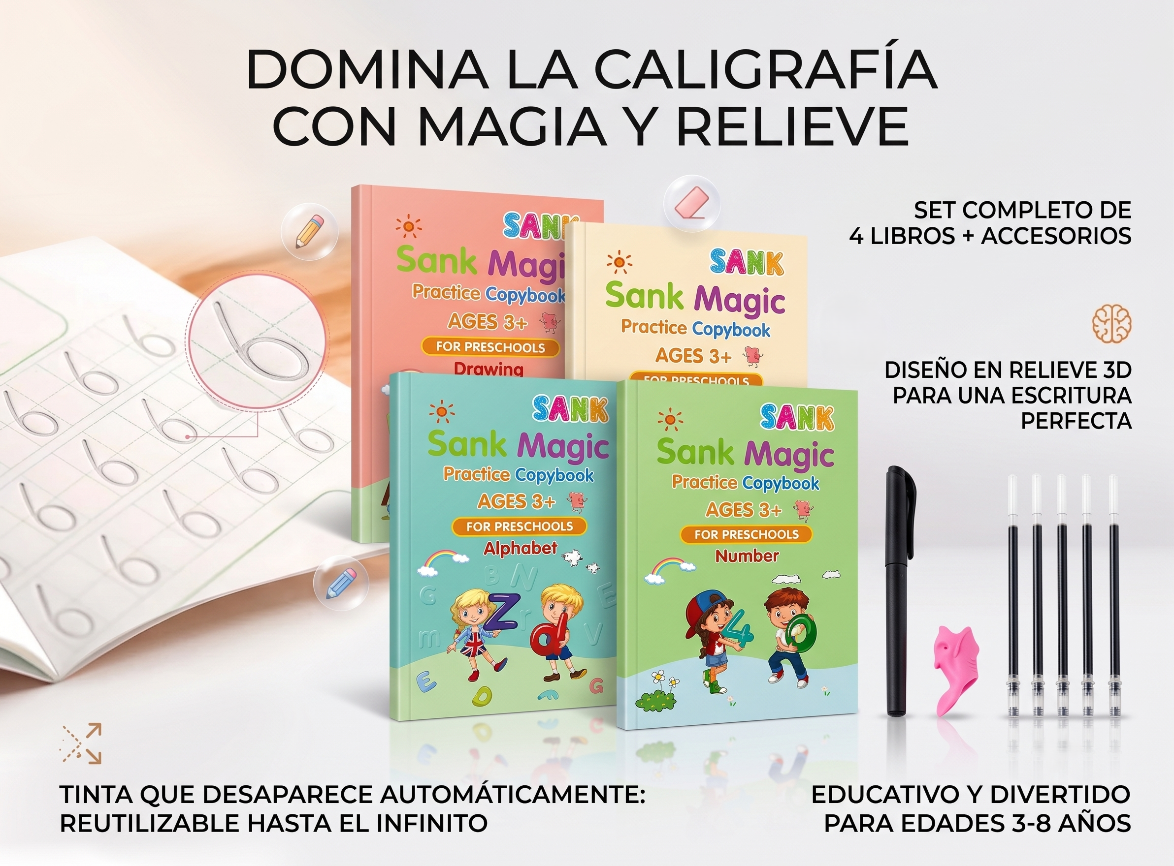 Set  Cuaderno Mágico de Caligrafía 3D Montessori: Aprender, Trazar y Reutilizar Infinitamente