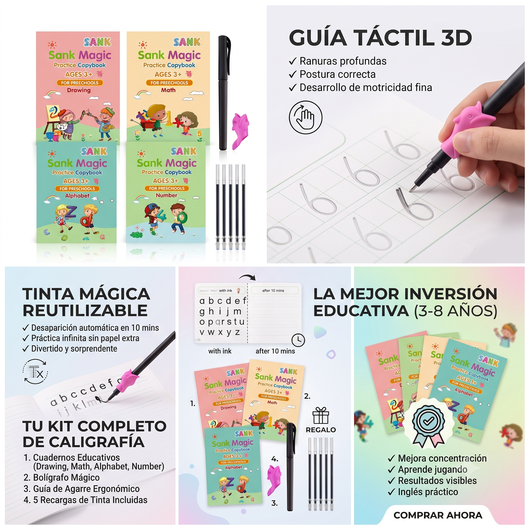 Set  Cuaderno Mágico de Caligrafía 3D Montessori: Aprender, Trazar y Reutilizar Infinitamente