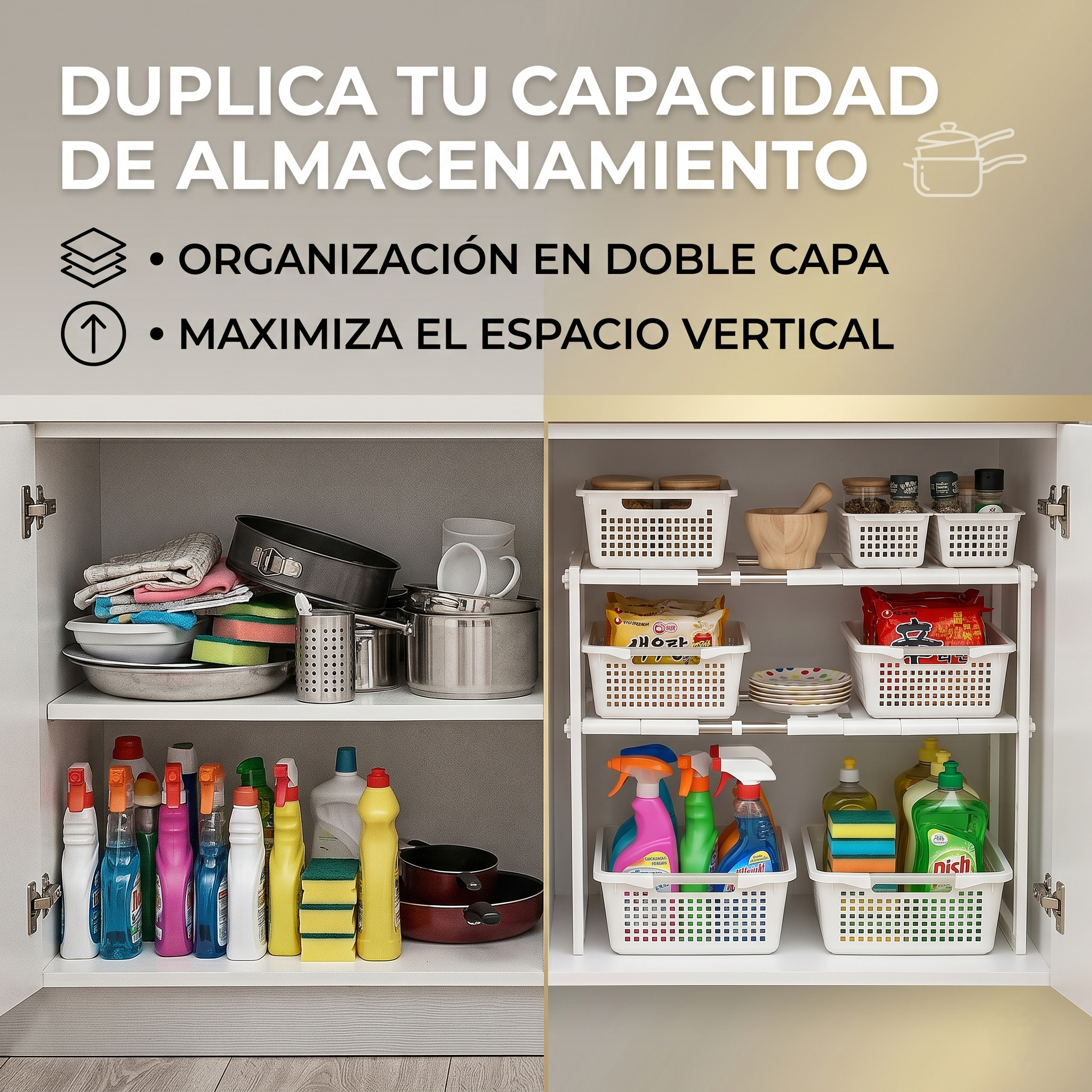 Organizador Extensible de Doble Nivel en Acero Inoxidable